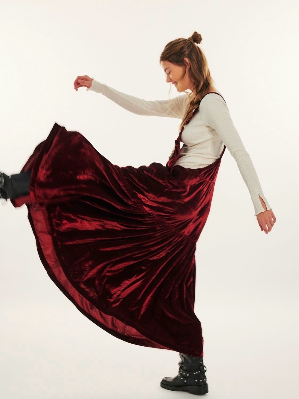 Free People Moonbeam Skirtall Burgundy(Occassion Wine) Velvet Maxi Overall Skirt